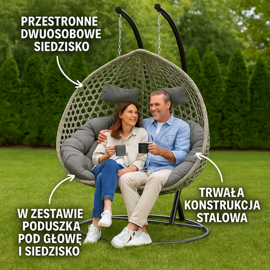 Fotel Kokon Ogrodowy Dwuosobowy Bujany z Poduszkami – Technorattan, 250 kg Udźwigu